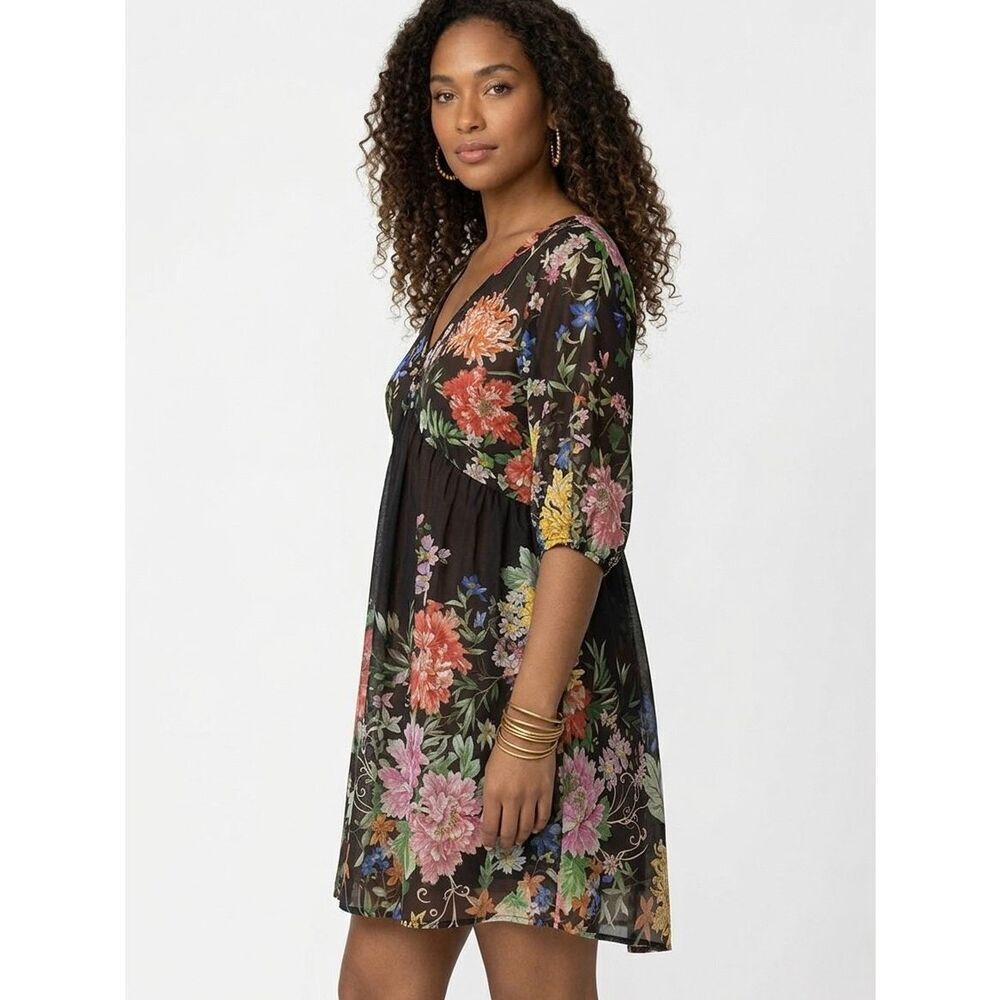 NEW JOHNNY WAS Mettali Notte A-Line Black Floral Dress Cover Up Size S